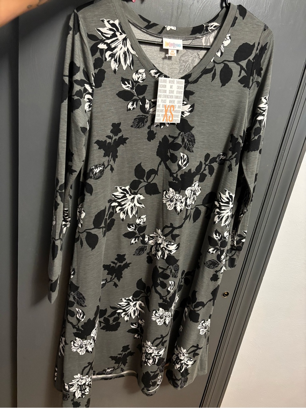 LuLaRoe Gray Floral V-Neck Long Sleeve Dress